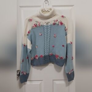 Floral Embroidered Turtleneck Sweater - Blue and Cream